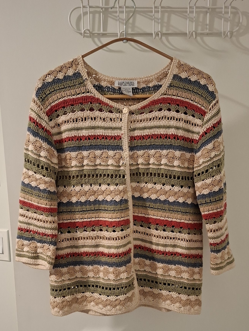 Vintage/90's Northern Reflections 100% Cotton Pastel Striped Crochet Cardi (S)